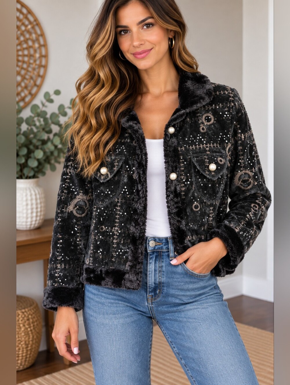 Casa Donna Black Embroidered Faux Fur Trim Cropped Jacket Large